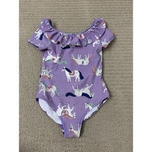 Hanna Andersson Girls Purple Horses Ruffle One Piece Swimsuit Sz 8